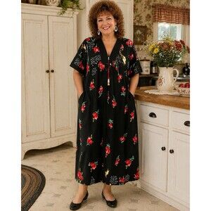 Anthony Richards Black Floral Zip Front House Dress Lounge Robe XL Side Pockets